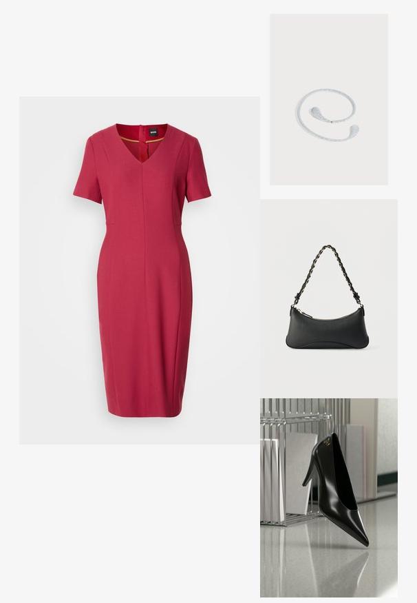 Robe rouge ajustée avec des manches courtes, décolleté en V et un détail en trou de clé au dos. Fabriquée à partir d'un tissu lisse avec des coutures décoratives.; Chaussure noire à talon haut avec bout pointu et logo doré, posée sur une surface réfléchissante près d'un organiseur de dossiers en fil chromé contenant des documents.; Sac à bandoulière en cuir noir de forme rectangulaire incurvée, avec une chaîne dorée tissée dans la bandoulière noire tressée et une fermeture éclair sur le dessus.; Bandeau flexible argenté pailleté avec des extrémités en forme de goutte, présenté sur un fond gris clair.