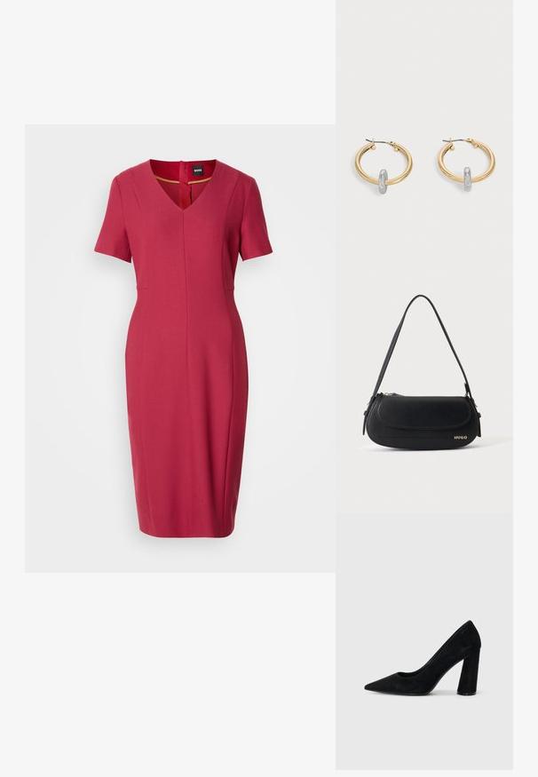 Robe rouge ajustée avec des manches courtes, décolleté en V et un détail en trou de clé au dos. Fabriquée à partir d'un tissu lisse avec des coutures décoratives.; Escarpin en daim noir à talon haut avec un bout pointu et un talon épais. Design élégant, texture lisse et style minimaliste. Pas de marque visible.; Sac à épaule en cuir noir avec rabat incurvé, logo doré "HUGO" sur le devant, et une bandoulière réglable.; Paire de boucles d'oreilles créoles dorées avec un petit détail boucle ton argent sur chaque, exposées sur fond gris clair.