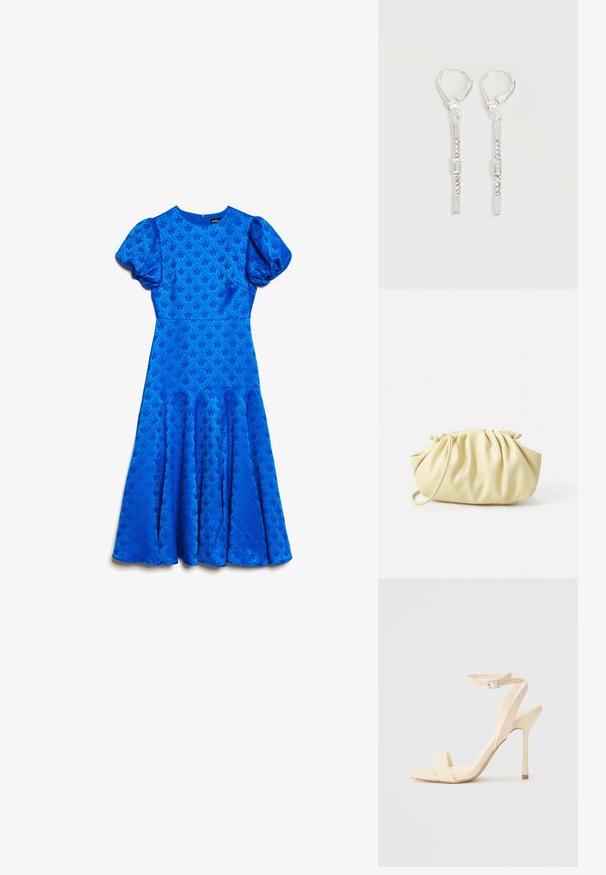 Blauwe midi-jurk met opstaande korte mouwen, getailleerde taille, subtiel bloemmotief in jacquard en uitlopende rokpanelen.; Beige hoge hak sandaletten met een slanke enkelband en vierkante neus. Gladde synthetische materialen, minimalistisch ontwerp en een stiletto hak.; Geel geplooide handtas van soepel nepleer, met een zachte vorm, een enkele schouderriem en een verzameld ontwerp aan de bovenkant.; Zilveren hangende oorbellen met rechthoekige en ronde heldere kristallen in een verticale lijn, bevestigd met leverback-sluitingen.