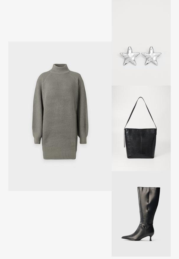 Suéter gris de punto de gran tamaño con cuello alto, puños de canalé y superficie texturizada. Presenta hombros caídos y un fit holgado.; Bota negra de cuero hasta la rodilla, con punta afilada y tacón bajo tipo kitten, mostrada sobre un fondo claro y sencillo.; Bolso de mano de cuero negro con grabado de cocodrilo, de cuerpo plano, correa ajustable y cierre con cremallera. Textura suave con forma estructurada.; Pendientes en forma de estrella plateada con una superficie pulida y brillante. Cada pendiente presenta cinco puntas y sutiles detalles de textura en la superficie.