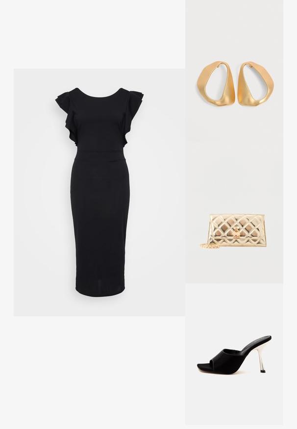 Schwarzes, figurbetontes Kleid aus glattem Stoff, mit Rüschensämlen, einem runden Ausschnitt und einem knielangen Saum. Einfaches und elegantes Design.; Schwarzer Mule mit offenem Zehenbereich, glänzendem silbernem Stiletto-Absatz und tiefem Ausschnitt auf weißem Hintergrund.; Goldfarbene, gesteppte Clutch mit herzförmigem Schloss und angebrachtem goldenen Kettchen vor weißem Hintergrund.; Paar unregelmäßiger, asymmetrischer goldener Creolen mit glatter, matter Oberfläche vor neutralem Hintergrund.