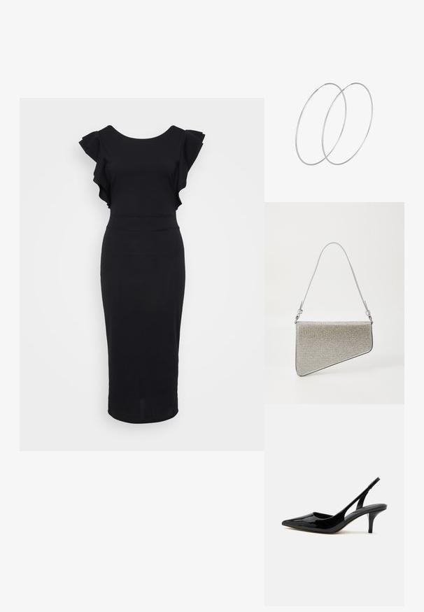 Schwarzes, figurbetontes Kleid aus glattem Stoff, mit Rüschensämlen, einem runden Ausschnitt und einem knielangen Saum. Einfaches und elegantes Design.; Schwarzer Slingback-Kittenschuh aus Lackleder mit spitzer Zehenpartie und niedrigem, schlankem Absatz auf weißem Hintergrund.; Clutch-Tasche in dreieckiger Form, bedeckt mit silbernem Mesh-Stoff. Verfügt über einen dünnen, verstellbaren Schultergurt und metallische Hardware-Akzente.; Silberne Creolen mit minimalistischem Design. Rundform, glatte Oberfläche und dünnes Profil. Leichtgewichtig mit hochglänzender Oberfläche.