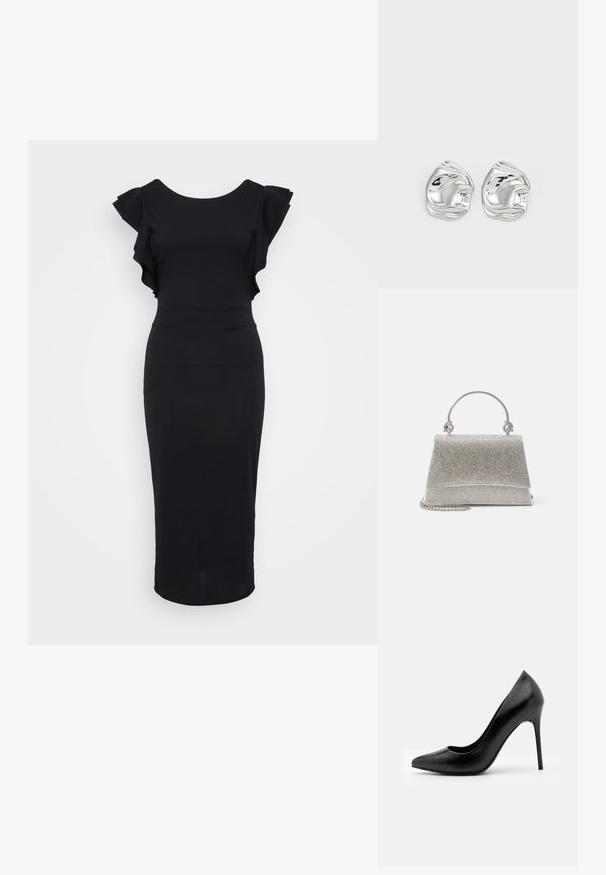 Vestido negro ajustado de tela suave, con mangas acampanadas, un escote redondo y dobladillo a la altura de la rodilla. Diseño simple y elegante.; Zapato de tacón alto de cuero negro con punta afilada y textura suave. Presenta un tacón stiletto delgado y un diseño de escote bajo.; ALDO FELISIA - Bolso de mano - silver-coloured; Pendientes de studs en forma abstracta de plata con un acabado pulido, que presentan curvas suaves y contornos sutiles. Sin patrones o acentos visibles.