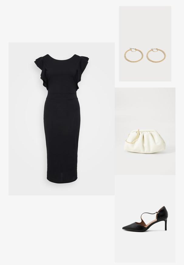 Vestido negro ajustado de tela suave, con mangas acampanadas, un escote redondo y dobladillo a la altura de la rodilla. Diseño simple y elegante.; Zapato de tacón alto de cuero negro con punta afilada, una delgada correa en el tobillo y tacón stiletto de altura media sobre un fondo blanco.; Bolso de mano de cuero blanco con un diseño recogido, cuenta con una cadena dorada y forma redondeada. Textura suave con pliegues suaves y sin patrones.; Par de pendientes de aro dorados de tamaño mediano con un diseño texturizado y con cuentas sobre un fondo claro y liso.