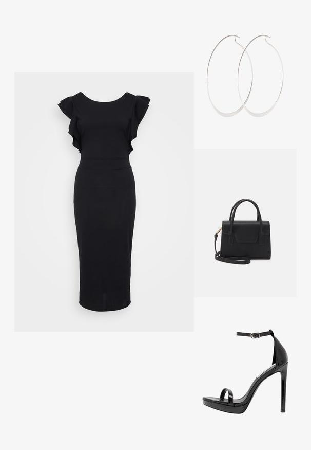 Vestido negro ajustado de tela suave, con mangas acampanadas, un escote redondo y dobladillo a la altura de la rodilla. Diseño simple y elegante.; Steve Madden MILANO - Sandalias de tacón - black; Bolso estructurado negro de cuero con un asa superior, correa de hombro desmontable y un detalle de tapa en la parte frontal. Acentos en dorado.; Pendientes de aro plateados con un diseño delgado y suave; forma ovalada alargada; acabado pulido; presentan un cierre de gancho seguro.