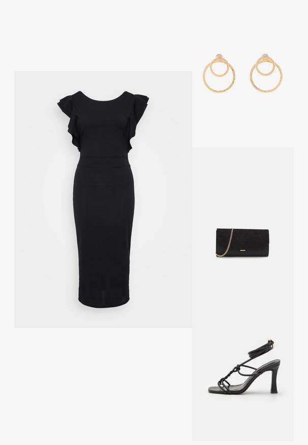 Zwart nauwsluitend jurkje van gladde stof, met ruches op de mouwen, een ronde halslijn en een zoom tot kniehoogte. Eenvoudig en elegant ontwerp.; DeeZee Sandalen met hoge hak - black; Zwarte clutch tas gemaakt van suede met een textuurafwerking, voorzien van een gouden schouderband en een strakke, hoekige vorm.; Gouden oorbellen in de vorm van hoepels met twee onderling verbonden cirkels met een gestructureerde afwerking. Ontworpen met een gladde, veilige achterkant.