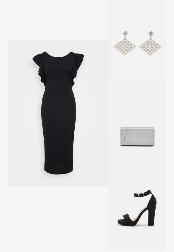 Vestido negro ajustado de tela suave, con mangas acampanadas, un escote redondo y dobladillo a la altura de la rodilla. Diseño simple y elegante.; Anna Field Sandalias - black; Bolso de mano metálico plateado con diseño de malla trenzada, forma rectangular y una cadena para llevar. Textura suave y acabado pulido.; ALDO TAYNY - Pendientes - silver-coloured/clear
