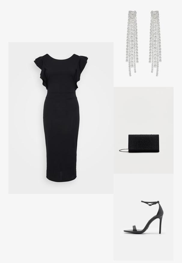 Schwarzes, figurbetontes Kleid aus glattem Stoff, mit Rüschensämlen, einem runden Ausschnitt und einem knielangen Saum. Einfaches und elegantes Design.; Schwarze High Heels Sandalen mit offener Zehe, dünnen Riemen und Knöchelverschluss. Glatte Ledertextur mit spitzem Zehendesign.; Schwarze Clutch-Brieftasche mit strukturierter Oberfläche, die erhabene Tropfen aufweist, rechteckige Form, Kettenriemen und minimalistisches Design.; Lange silberne Ohrringe mit einer Vielzahl von klaren, facettierten Kristallen in kaskadierenden Strängen unterschiedlicher Längen und Formen.