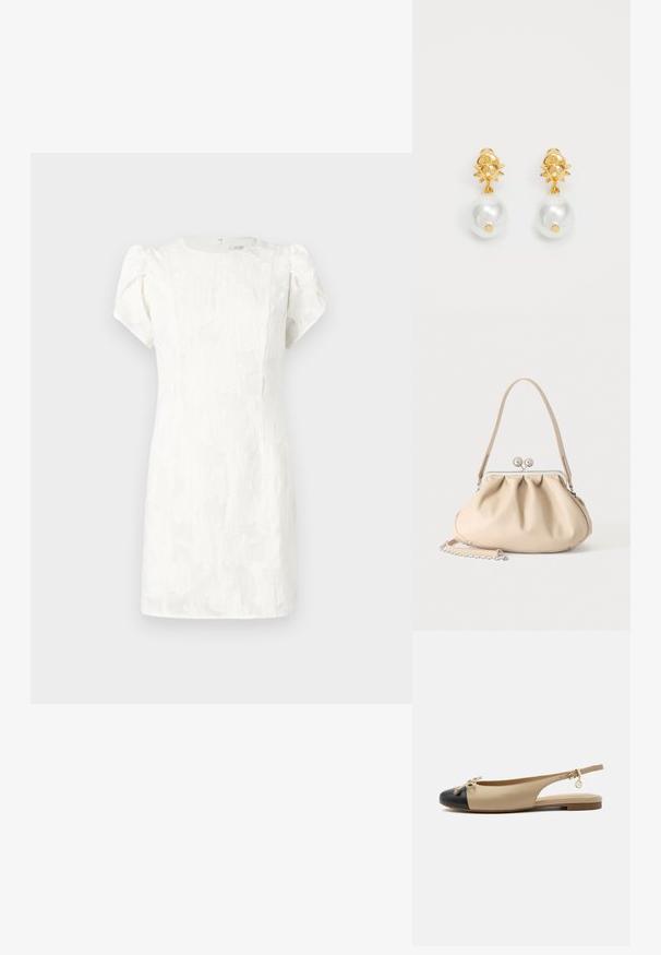 Witte jurk met korte mouwen, een textuur van bloemmotieven, een aansluitend silhouet en een verborgen rits aan de achterkant, voorzien van zachte pofmouwen.; Beige slingback platte schoen met zwarte neuskap, klein strikdetail, verstelbare gespband en gouden bedel aan de zijkant.; Beige zachte leren handtas met een zilveren metalen frame sluiting, een enkele schouderriem en een optionele kettingriem op een witte achtergrond.; Gouden oorbellen met een zonvormige bovenkant en een grote witte parel als hanger. Heeft een gladde textuur en een glanzende afwerking.