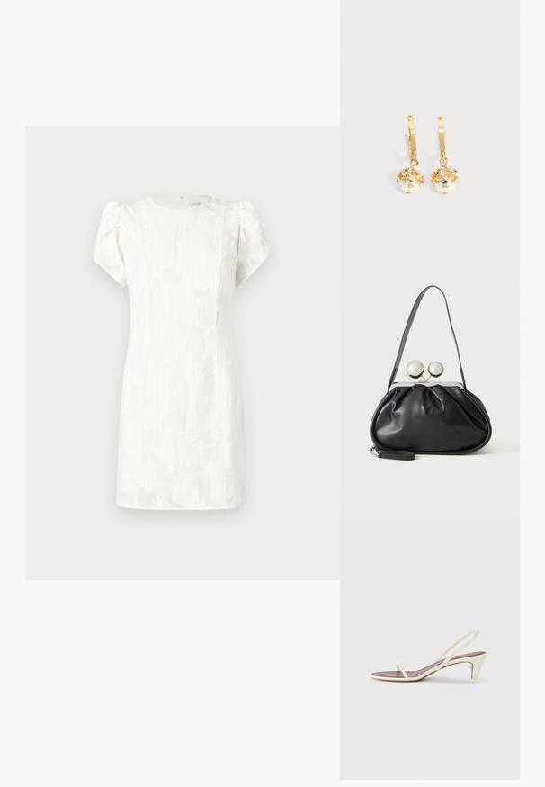 Witte jurk met korte mouwen, een textuur van bloemmotieven, een aansluitend silhouet en een verborgen rits aan de achterkant, voorzien van zachte pofmouwen.; Witte slingback sandalen met een lichte hak, dunne banden en een gladde leren textuur; voorzien van een kleine decoratieve gesp.; Zwarte leren handtas met een geplooid ontwerp, een enkele schouderband, zilverkleurige metalen omlijsting en twee grote ronde zilveren sluitingen.; Gouden oorringen met hangende witte parels omhuld met goud en kleine heldere kristallen op een effen lichte achtergrond.