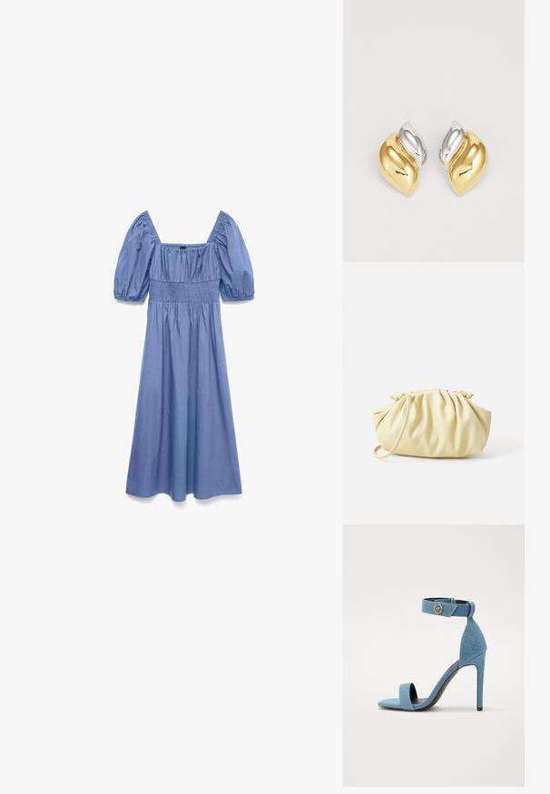 Blauwe midi-jurk met korte pofmouwen, vierkante halslijn en een getailleerd detail in de taille.; Blauwe denim sandalen met hoge hakken, voorzien van een enkelbandje en knoopsluiting. Heeft een vierkante neus en een zwarte zool voor contrast.; Geel geplooide handtas van soepel nepleer, met een zachte vorm, een enkele schouderriem en een verzameld ontwerp aan de bovenkant.; Gouden en zilveren metalen oorbellen met een ronde, gebogen vorm, voorzien van een golvend ontwerp en een gepolijste textuur.