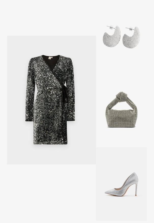 Robe portefeuille noire couverte de paillettes argentées, avec des manches longues, un décolleté en V, une taille cintrée avec un lien, et un contraste de finitions noires.; Escarpin argenté à talon haut avec une pointe conique, orné de strass, texture lisse et un talon stiletto se rétrécissant à une base étroite.; Sac à main argenté orné d'une poignée supérieure nouée, de forme rectangulaire, recouvert de petits strass ronds, texture lisse.; Boucles d’oreilles clous en forme de croissant ton argent avec des motifs circulaires texturés couvrant la surface, dotées de tiges droites et de fermoirs papillon.