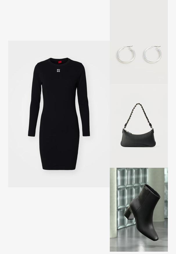 Schwarzes langärmeliges Kleid aus weichem, dehnbarem Stoff. Mit Rundhalsausschnitt und weißem "HUGO"-Logo auf der Brust. Figurbetontes Design.; Schwarzer Leder-Stiefelette mit Blockabsatz, DKNY-Logo nahe oben, dargestellt vor einer Glasblockwand und poliertem Betonboden.; Schwarze Lederschultertasche mit gewölbter rechteckiger Form, goldener Kette, die in den geflochtenen schwarzen Riemen eingewebt ist, und Reißverschlussverschluss oben.; Paar mittelgroße glänzende silberne Hoop-Ohrringe mit dünnen Metallverschlüssen auf hellem neutralem Hintergrund.
