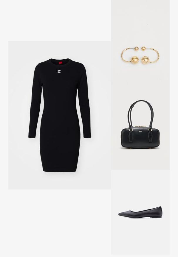 Schwarzes langärmeliges Kleid aus weichem, dehnbarem Stoff. Mit Rundhalsausschnitt und weißem "HUGO"-Logo auf der Brust. Figurbetontes Design.; Schwarzer flacher Lederschuh mit spitzer Kappe und niedrigem Absatz, seitlich vor weißem Hintergrund gezeigt.; Schwarze rechteckige Lederhandtasche mit doppelten Griffen, goldenem Reißverschluss und kleinem "BOSS"-Logo in der Mitte vorne.; Ohrringe aus vergoldetem Metall mit einem kreisförmigen Design, das zwei Sphären zeigt: eine größere, strukturierte Kugel und eine kleinere, polierte Kugel an der Spitze.