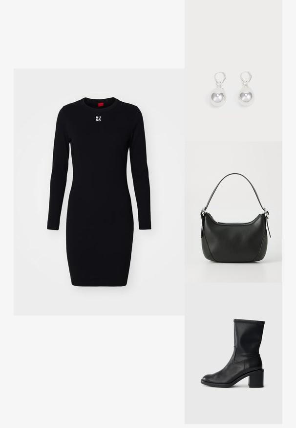Schwarzes langärmeliges Kleid aus weichem, dehnbarem Stoff. Mit Rundhalsausschnitt und weißem "HUGO"-Logo auf der Brust. Figurbetontes Design.; Schwarze Leder-Ankle Boots mit runder Zehenform, glatter Oberfläche und dicker Absatz, ausgestattet mit einem eng anliegenden Schaft und subtilen Nähten.; Schwarze Ledertasche mit geschwungener Form, silbernem Reißverschluss und kurzem Griff. Verfügt über ein dezentes Logo auf der Vorderseite und eine glatte Textur.; Silberne Tropfenohrringe mit glatten, runden, reflektierenden Oberflächen, die an Hakenverschlüssen hängen. Der Hintergrund ist reinweiß.