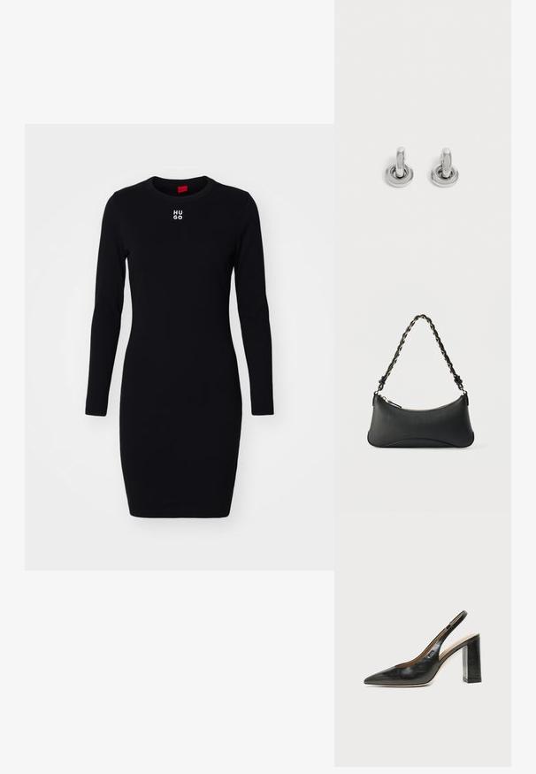 Zwarte lange mouwen jurk van zacht, rekbaar materiaal. Heeft een ronde halslijn en het "HUGO" logo in het wit op de borst. Strak aansluitend ontwerp.; Zwarte leren slingback schoen met spits toelopend neusje, hoge blokhak en beige binnenvoering tegen een effen lichte achtergrond.; Zwarte lederen schoudertas met een gebogen rechthoekige vorm, gouden ketting verweven in een gevlochten zwarte band, en een ritssluiting bovenop.; Een paar kleine, glanzende zilveren creolen met een ronde basis, afgebeeld op een effen lichte achtergrond.