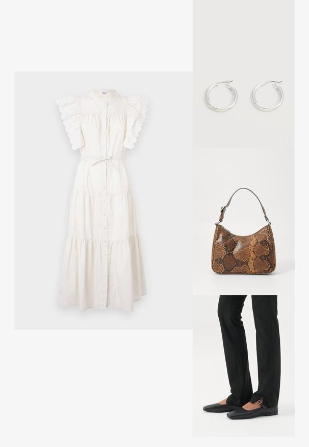 Vestido midi blanco con diseño en capas, botones en el frente y mangas de volantes con forma de concha. Hecho de una tela ligera con detalle de cintura ajustable.; Piernas con pantalones ajustados negros con aberturas frontales en el dobladillo, combinados con zapatos planos Mary Jane negros con una pequeña correa con hebilla.; Pequeño bolso de mano con un patrón de piel de serpiente marrón y negro, correa corta ajustable y cierre de cremallera.; Par de pendientes de aro plateados brillantes de tamaño mediano con cierres metálicos finos sobre un fondo neutro claro.