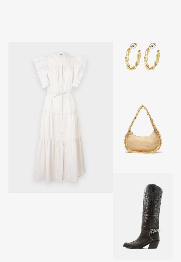 Vestido midi blanco con diseño en capas, botones en el frente y mangas de volantes con forma de concha. Hecho de una tela ligera con detalle de cintura ajustable.; Bota cowboy de cuero negro con recortes decorativos, hebilla plateada y tacón inclinado, presentada sobre fondo blanco.; Bolso beige texturizado con forma redondeada, con un borde deshilachado a lo largo de los lados y una correa corta para llevar. Apertura con cremallera en la parte superior.; Pendientes de aro retorcidos en oro con una superficie lisa, que cuentan con un respaldo transparente y herrajes en tono dorado.