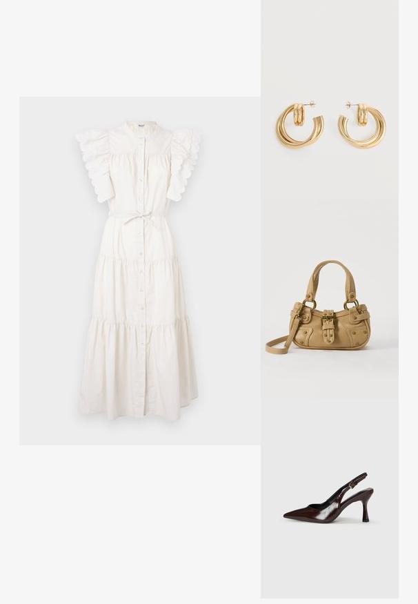 Vestido midi blanco con diseño en capas, botones en el frente y mangas de volantes con forma de concha. Hecho de una tela ligera con detalle de cintura ajustable.; Zapatos de tacón slingback de charol marrón con punta afilada, tacón delgado y correa ajustable con una pequeña hebilla.; Bolso de cuero beige con doble asa, hebilla y remaches de latón, y una correa de hombro ajustable sobre un fondo blanco.; Par de pendientes de aro doble brillante de oro con cierres de presión sobre un fondo blanco.