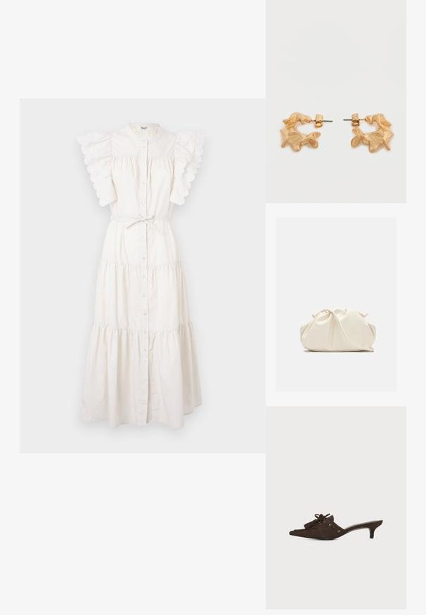 Robe midi blanche avec un design à niveaux, un devant à boutons et des manches à volants festonnés. Fabriquée en tissu léger avec un détail de taille à nouer.; Mule en daim marron avec bout pointu, petit talon kitten, lacets noués en nœud et détails à pompons sur fond blanc.; Pochette en cuir souple couleur crème avec un design froncé et une fine bandoulière reposant à l’avant sur un fond uni.; Boucles d'oreilles dorées avec une forme abstraite et organique, présentant une surface texturée et une fermeture à poussette.