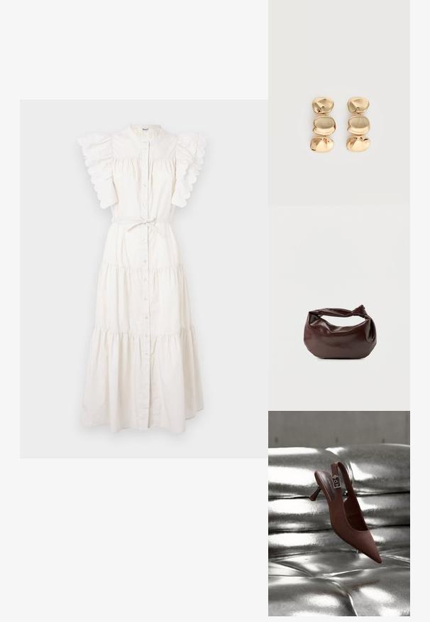 Weißes Midikleid mit gestuftem Design, Knopfleiste vorne und gewellten Rüsche Ärmeln. Hergestellt aus leichtem Stoff mit einem Bindegürtel.; Brauner spitzer Slingback-Schuh mit niedrigem Absatz und Schnallenriemen, der auf einer glänzenden, silbermetallischen, gesteppten Oberfläche ruht.; Dunkelbraune Lederschultertasche mit weicher, lockerer Form und einem gedrehten Knotengriff vor schlichtem weißem Hintergrund.; Ohrhänger in Goldoptik mit drei unregelmäßigen, glatten, abgerundeten Segmenten, die vertikal auf einem schlichten, hellen Hintergrund gestapelt sind.