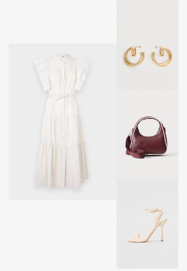 Vestido midi blanco con diseño en capas, botones en el frente y mangas de volantes con forma de concha. Hecho de una tela ligera con detalle de cintura ajustable.; Sandalia de tacón alto beige con una delgada correa en el tobillo y puntera cuadrada. Material sintético suave, diseño minimalista y tacón de aguja.; Bolso de mano de cuero tejido color granate con asa curva, ribete blanco, cremallera plateada y correa desmontable de tela ancha para el hombro sobre fondo liso.; Par de pendientes de aro doble brillante de oro con cierres de presión sobre un fondo blanco.