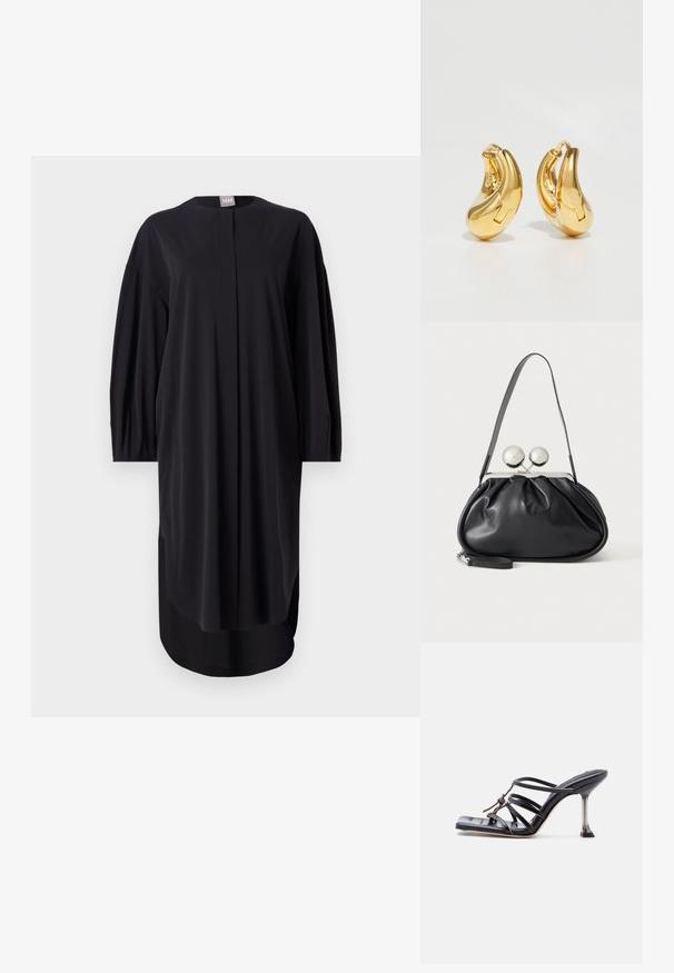Vestido negro de tela suave, con escote redondo, mangas largas y aberturas laterales. Corte suelto con detalles de diseño mínimos.; Sandalia negra de tacón alto con tiras, punta cuadrada y tacón de aguja delgado, con tiras superpuestas y un detalle anudado en la parte superior.; Bolso de mano de cuero negro con diseño fruncido, una sola correa, marco metálico plateado y dos cierres grandes redondos de plata.; Pendientes de aro de oro con forma curva y suave, y acabado pulido. Presentan un mecanismo de cierre y ligeras indentaciones para un toque de detalle.