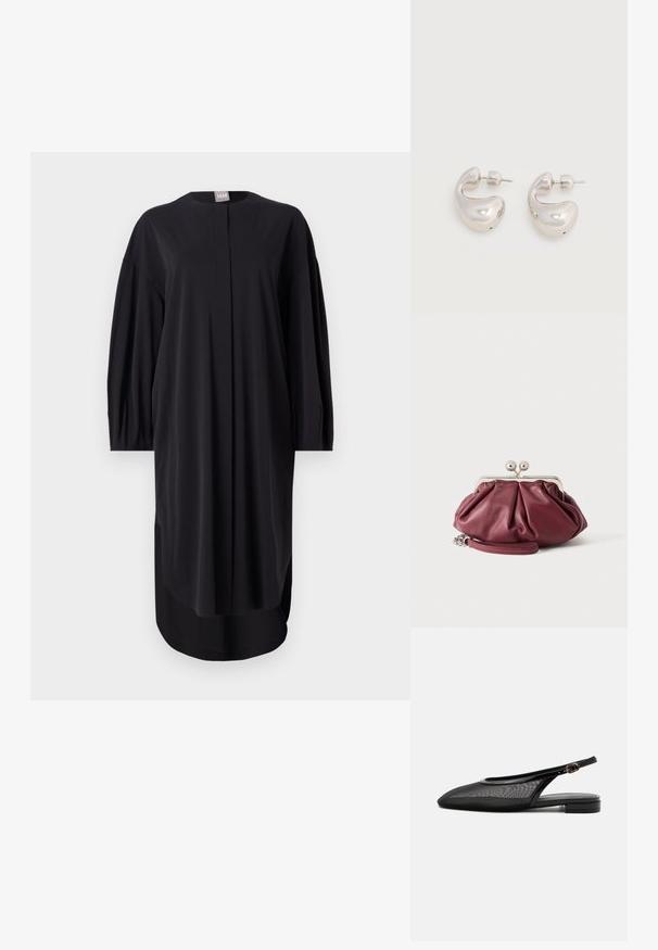 Vestido negro de tela suave, con escote redondo, mangas largas y aberturas laterales. Corte suelto con detalles de diseño mínimos.; Zapato plano negro tipo slingback con punta estrecha, parte superior de malla, correa ajustable con hebilla y tacón bajo apilado sobre fondo blanco.; Pequeño bolso de mano de cuero burdeos con cierre metálico plateado y correa de muñeca sobre fondo blanco.; Par de pendientes de aro gruesos plateados y brillantes con cierre de poste y cierre de presión sobre fondo blanco liso.