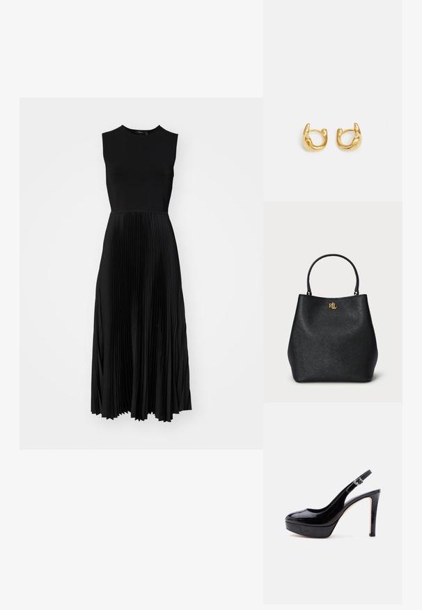 Sort ærmeløs kjole med en tætsiddende overdel og en plisseret nederdel. Glat tekstur med en elegant fald, der når til midt på læggen.; Sort laklæder stiletthæl med plateau og slingback, med sølvspænde og rund tå, vist fra siden på hvid baggrund.; Sort faux læder tote taske med en tekstureret overflade, buet form og et guld logo foran. Har to solide håndtag.; Guldøreringe med en glat, rundet design og poleret overflade. Øreringene har en kompakt, kraftig form og en sømløs lås.