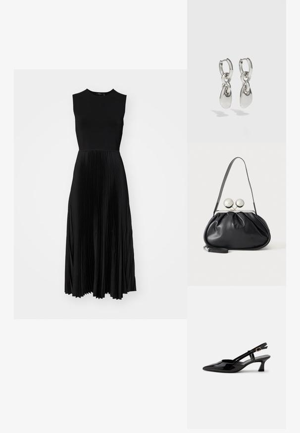 Sort ærmeløs kjole med en tætsiddende overdel og en plisseret nederdel. Glat tekstur med en elegant fald, der når til midt på læggen.; Sort laklæderslingback med lille hæl, spids tå og justerbar guldlåsrem på hvid baggrund.; Sort læderhåndtaske med opsamlet design, en enkelt rem, sølv metalramme og to store runde sølv lukninger.; Sølvøreringe med forlængede ovale led, der har en poleret overflade og en struktureret dråpevedhæng. Enkel design med glatte kanter.