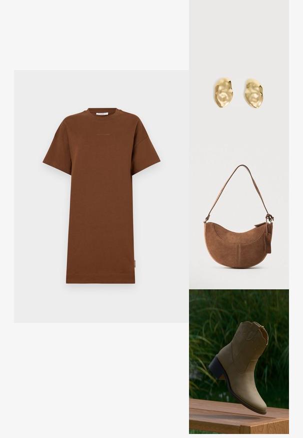 Camiseta de algodón marrón oversize con mangas cortas y cuello redondo; presenta un logo sutil en el pecho y una etiqueta en el dobladillo.; Bota de tobillo de ante color camel con costuras decorativas y tacón bloque bajo, apoyada en el borde de una superficie de madera al aire libre.; Bolso de ante marrón con forma curva de media luna. Cuenta con una correa para el hombro, una pequeña etiqueta y costuras visibles a lo largo de los bordes.; Par de pendientes de metal dorado brillante, con forma irregular y superficie arrugada y lisa sobre un fondo claro y sencillo.
