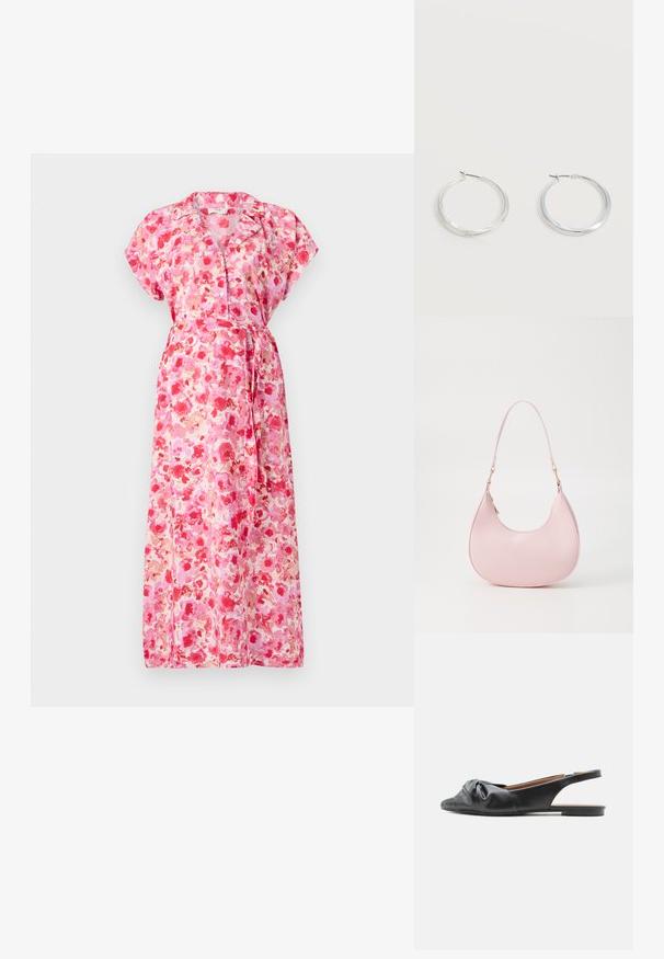 Maxikleid aus leichtem Stoff mit einem lebhaften Blumenmuster in Rosa- und Rottönen. Mit kurzen Ärmeln, einem Bindegürtel und Knöpfen.; Schwarzer flacher Slingback-Schuh aus Leder mit gedrehtem Knotendetail über den Zehen und niedrigem Absatz, im Profil nach links gezeigt.; Call it Spring CELESTY - Handtasche - other pink; Silberne Metallcreolen mit glatter, leicht gebogener Oberfläche und Klappverschluss vor schlicht weißem Hintergrund.