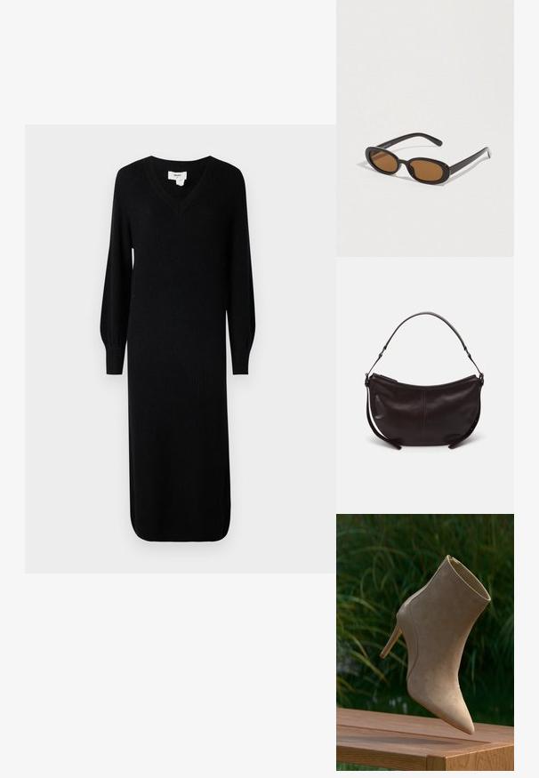 Zwarte, geribde gebreide jurk met een V-halslijn en lange, opgeblazen mouwen, met een middellange snit en zijsplitten voor bewegingsgemak.; Beige suède enkellaars met een puntige neus en een stilettohak, voorzien van een zijrits en een gladde textuur tegen een natuurlijke achtergrond.; Zonnebril met ovale bruine glazen, zwarte kunststof monturen en dunne armen. Soepele textuur met een minimalistisch ontwerp.; Donkerbruine leren schoudertas met een gebogen vorm, gladde textuur en een enkele verstelbare strap. Voorzien van een ritsluiting.
