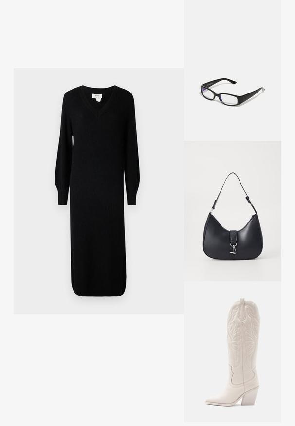 Vestido negro de punto acanalado con escote en V y mangas largas abullonadas, con un corte a media longitud y aberturas laterales para facilitar el movimiento.; Bota vaquera de cuero blanco con punta afilada y tacón bloqueado. Presenta patrones de costura intrincados en el caña y una textura suave.; Gafas rectangulares negras con lentes transparentes. Acabado brillante, varillas estrechas y tinte púrpura visible en los bordes de los lentes.; Pieces PCLIKA SHOULDER BAG - Bolso de mano - black