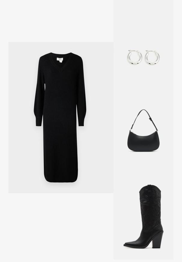Zwarte, geribde gebreide jurk met een V-halslijn en lange, opgeblazen mouwen, met een middellange snit en zijsplitten voor bewegingsgemak.; Simmi London DANIQUE - Laarzen met hoge hak - black; Pieces PCALUANA SHOULDER BAG - Handtas - black; Zilveren oorbellen in de vorm van een ring met een gepolijste afwerking, met een cirkelvorm en een scharnierende postsluiting. Glad oppervlak met minimale details.