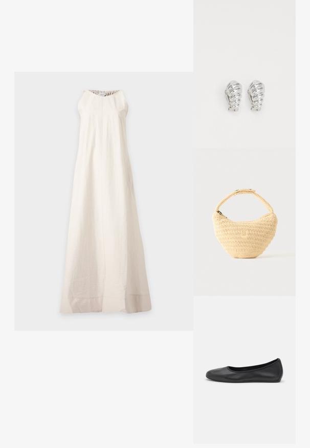 Longue robe blanche sans manches avec un col rond et une texture subtile, suspendue sur un fond gris clair.; Ballerines en cuir noir avec un bout rond, texture lisse, détails de couture minimalistes et design de semelle flexible.; Sac à main beige tissé avec corps arrondi, fermeture éclair et une sangle courte et épaisse dans un style crochet simple et texturé.; Boucles d'oreilles en clip argentées avec un design en spirale, présentant une texture métallique lisse et des formes arrondies. Pas d'embellissements ou de motifs visibles.