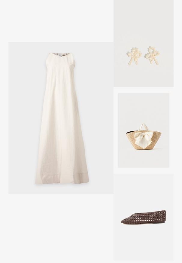 Longue robe blanche sans manches avec un col rond et une texture subtile, suspendue sur un fond gris clair.; Chaussure plate marron avec un motif ajouré tissé et un bout rond fermé, vue de profil sur un fond clair.; Sac cabas en paille tissée avec des poignées en tissu crème et un grand nœud décoratif crème à l'avant, sur un fond uni.; Boucles d'oreilles en perles avec un design délicat combinant des perles de petite et moyenne taille, de couleur crème, en forme de nœud.