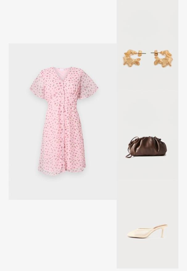 Robe fleurie rose avec des manches courtes flottantes, décolleté en V et boutonnage sur le devant. Le tissu semble léger avec une texture douce et transparente.; Mule à talons hauts couleur crème avec bout pointu et panneaux latéraux en mesh, présentée sur un fond clair uni.; Sacoche en cuir marron doux avec un haut froncé et une fine bandoulière, posée sur un fond blanc.; Boucles d'oreilles dorées avec une forme abstraite et organique, présentant une surface texturée et une fermeture à poussette.