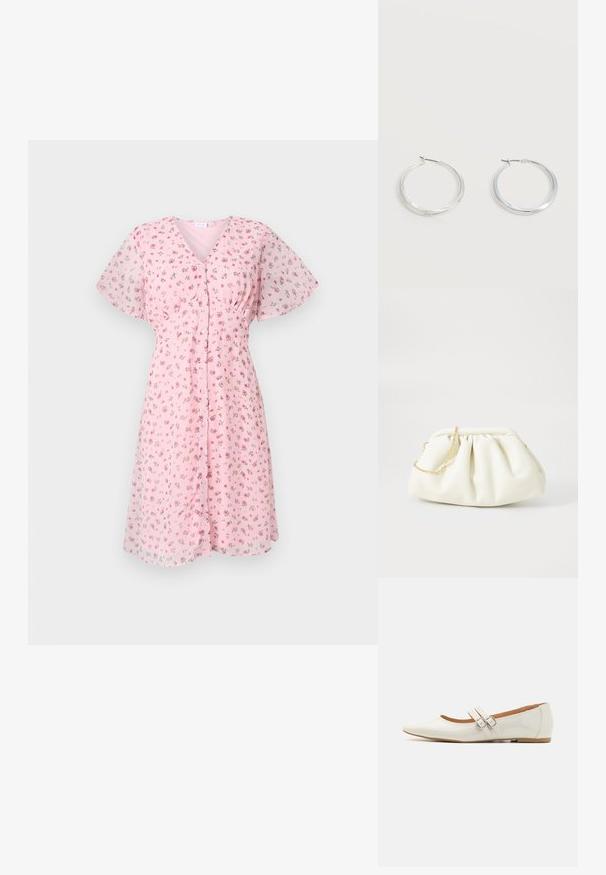 Robe fleurie rose avec des manches courtes flottantes, décolleté en V et boutonnage sur le devant. Le tissu semble léger avec une texture douce et transparente.; Ballerines en cuir verni blanc avec un bout pointu, deux sangles décoratives avec des boucles en argent, et une semelle marron discrète.; Sac à main en cuir blanc avec un design plissé, doté d'une bandoulière en chaîne dorée et d'une forme arrondie. Texture lisse avec des plis doux et sans motifs.; Boucles d’oreilles créoles en métal argenté avec une surface lisse légèrement incurvée et des fermoirs à clapet sur un fond blanc uni.