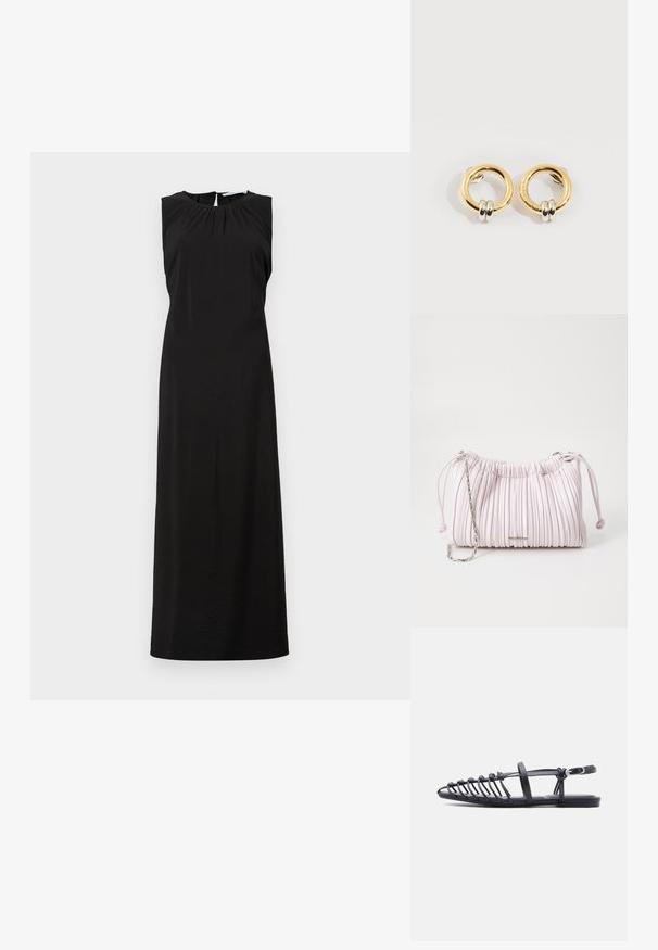 Ärmelloses schwarzes Maxikleid mit rundem Ausschnitt, dezenten Raffungen an den Schultern und einem knielangen Schlitz am Rücken. Glattes, leichtes Material.; Schwarze flache Sandale mit mehreren dünnen Riemen, verstellbarem Knöchelriemen mit Schnalle und offenem Zehenkäfig-Design vor weißem Hintergrund.; Rosa gefaltete Handtasche aus Kunstleder mit einem Kordelzugverschluss und einem Schulterriemen aus silberner Kette. Glatte Textur, kompakte Form.; Goldene runde Ohrringe mit jeweils zwei kleinen silbernen Ringen, die dezent gravierte Markennamen zeigen, vor weißem Hintergrund platziert.
