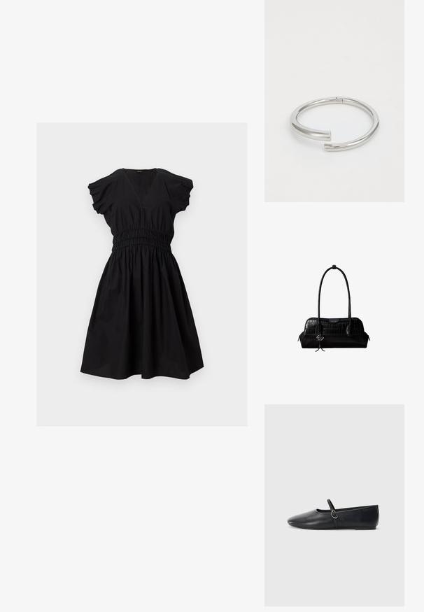 Robe noire longueur genoux avec décolleté en V, manches courtes bouffantes, taille élastiquée cintrée et jupe évasée sur fond blanc.; Ballerines noires en cuir avec un bout pointu, une semelle plate et une petite sangle avec un détail de boucle en argent.; Sac à épaule en cuir noir à texture crocodile, avec de longues sangles et un petit charm logo argenté sur une sangle.; Calvin Klein SPIRAL - Bracelet - silver-coloured