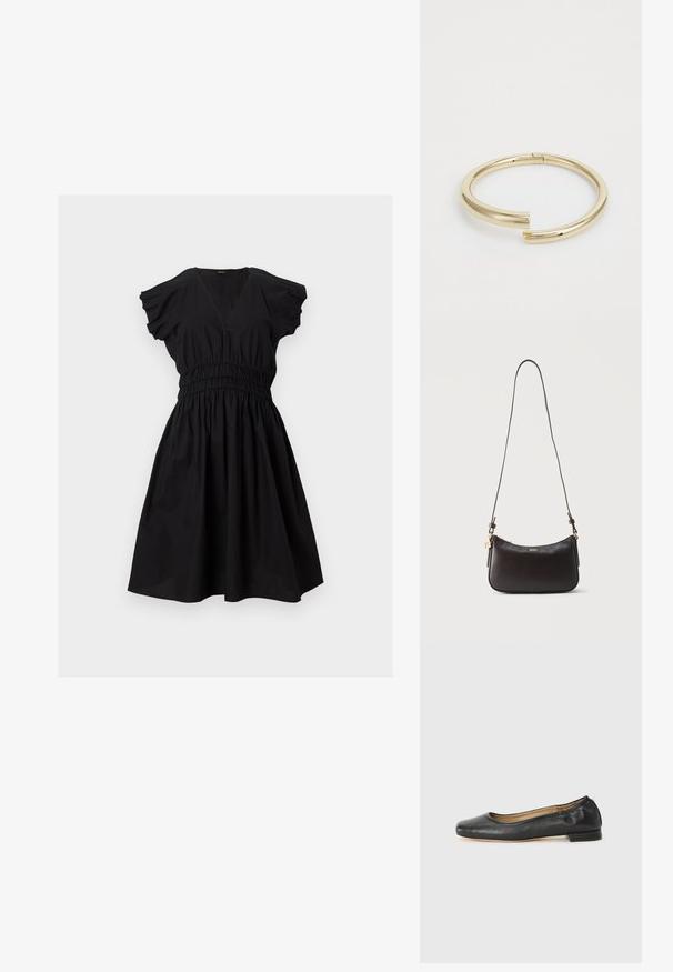 Robe noire longueur genoux avec décolleté en V, manches courtes bouffantes, taille élastiquée cintrée et jupe évasée sur fond blanc.; Ballerines en cuir noir avec un bout arrondi et des coutures minimales. Talon bas et rectangulaire avec une texture lisse. Détails subtils de doublure intérieure.; Sac à épaule en cuir noir avec fermeture éclair dorée, logo "BOSS" doré et bandoulière réglable sur fond clair uni.; Calvin Klein SPIRAL - Bracelet - gold-coloured