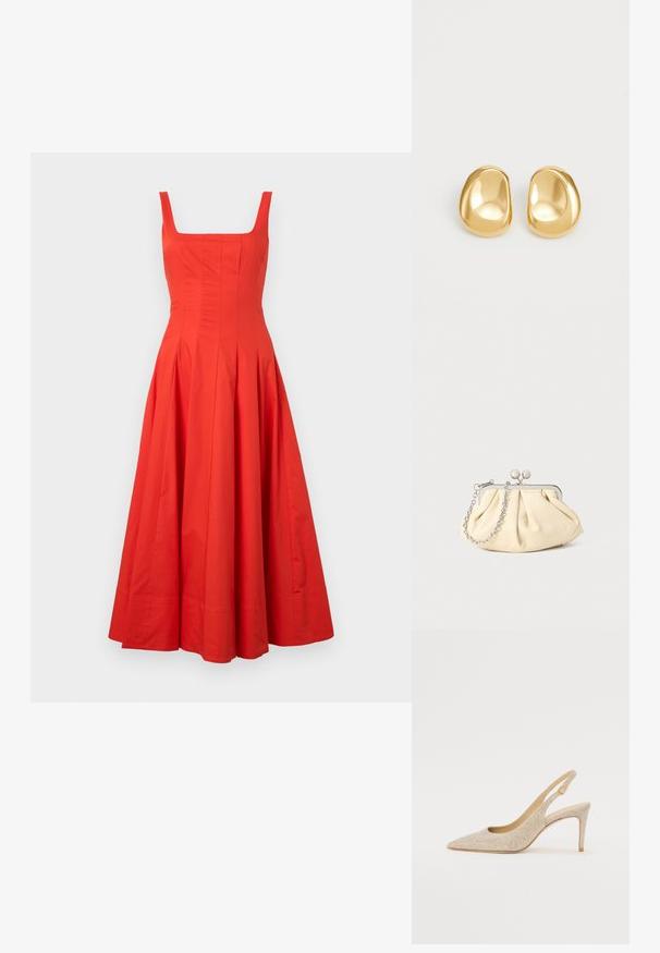 Rode katoenen midi-jurk met een vierkante halslijn, een getailleerd lijfje en een uitlopende rok, voorzien van verticale naden en een gladde textuur.; Puntige slingback schoen in metallic gouden stof met subtiele textuur, met een slanke hak en een ronde sluiting bij de enkel.; Geplooide beige leren clutch met een zilveren metalen frame, voorzien van twee ronde decoratieve sluitingen en een zilveren kettingriem.; Gouden studs met een gladde, ronde vorm en een reflecterend oppervlak, met een minimalistisch ontwerp en zonder zichtbare patronen.