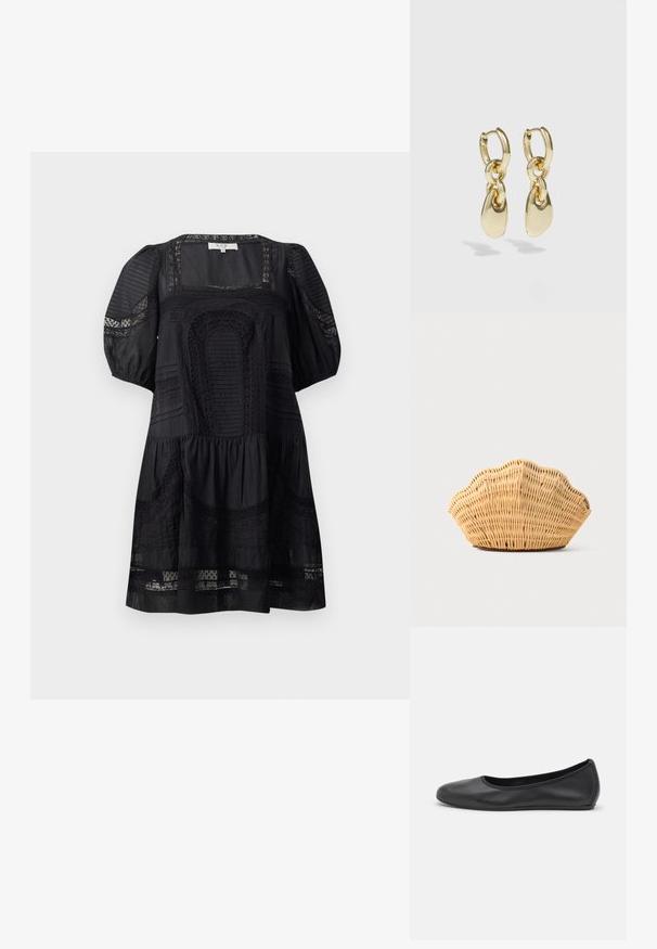 Zwarte jurk met pofmouwen, vierkante halslijn, textuurpatronen en een gelaagde rok. Gemaakt van lichtgewicht stof met kantaccenten.; Zwarte leren ballerina met een ronde neus, gladde textuur, minimale stikdetails en een flexibele zoolontwerp.; Geweven rotan handtas in de vorm van een sint-jakobsschelp met natuurlijke lichtbruine kleur en afgeronde, gestructureerde randen.; Gouden creolen met een verbonden ontwerp en een gladde, druppelvormige accent. De reflecterende afwerking vergroot de visuele aantrekkingskracht.