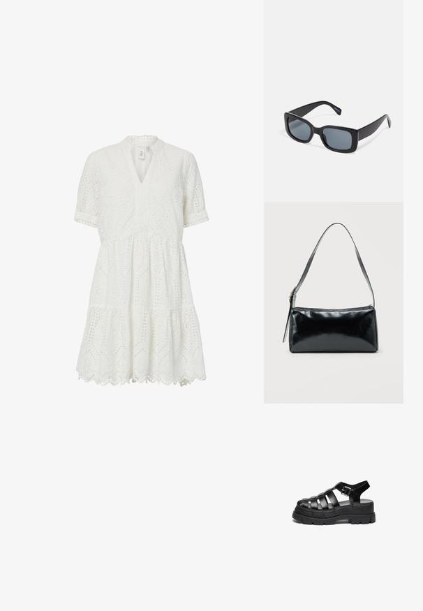 Weißes, kurzärmeliges Kleid mit V-Ausschnitt, Lochstickerei, gezacktem Saum und gerafften Stufen.; Schwarze Plateausandalen mit breiten Riemen, aus glattem Material gefertigt. Verfügt über eine klobige Sohle mit einem strukturierten Muster und einem Schnallenverschluss.; Schwarze rechteckige Sonnenbrille mit dunkel getönten Gläsern, dickem Kunstrahmen und breiten Bügeln. Glatte Oberfläche und kantiges Design.; Schwarze rechteckige Schultertasche mit einem verstellbaren Riemen und einem oberen Reißverschluss vor einfachem Hintergrund.