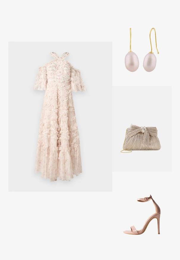 Lys pink kjole med bølgede lag, off-the-shoulder ærmer og krydsede stropper på ryggen. Gennemsigtigt stof med blomsterprint detaljer.; Nøgen patentlæder højhælede sandaler med ankelrem, åben tå og slank stilettohæl. Glat tekstur og minimalistisk design.; Metallic guld clutch taske med plisseret stof, der har en sløjfedetalje øverst og en gylden kædetras for alsidighed og nem bæring.; Guld krogekrogeøreringe med glatte, aflange rosa perler med en subtil glans og en rund form, monteret på en tynd trådkrog.