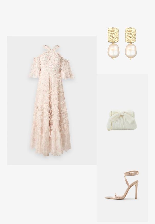 Lys pink kjole med bølgede lag, off-the-shoulder ærmer og krydsede stropper på ryggen. Gennemsigtigt stof med blomsterprint detaljer.; RAID ADERRA - Sandaler - nude; Hvid plisseret clutch-taske med en fremtrædende sløjfedetalje og en guldkædetras. Blød tekstur med et samlet design på forsiden.; Guldtonede øreringe med en tekstureret rektangulær top og en stor, uregelmæssigt formet hvid perle hængende nedenfor.