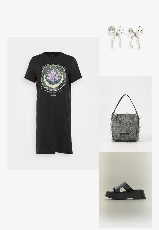 Sort T-shirt-kjole med en afslappet pasform, der har et grafik af en lilla lotusblomst og geometriske mønstre på forsiden. Korte ærmer.; Sort platform-slide sandaler med tyk sål og bred læderrem med udskåret detalje på neutral baggrund.; Vævet sort og hvidt fiskebensmønster taske med frynsekanter, med en tynd skulderrem og et logo på fronten.; Sølv, bueformede øreringe med en poleret overflade. Egenskaber inkluderer en struktureret overflade og bøjet design, med en stift-rækkefølge.