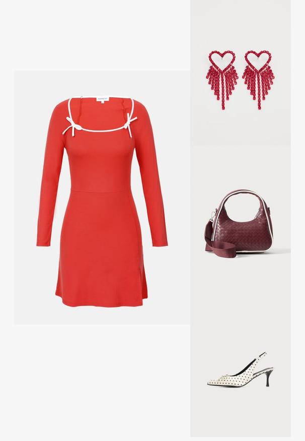 Rode lange mouw jurk met een fitted lijfje, vierkante halslijn, en witte strikaccenten bij de schoudernaden. Glad textuur, boven de knie lengte.; Witte leren slingback hoge hak schoen met zwarte polkadots en een kleine decoratieve strik op de puntige neus tegen een effen achtergrond.; Donkerrode geweven leren handtas met gebogen handvat, witte bies, zilveren rits en afneembare brede stoffen schouderriem tegen een effen achtergrond.; Even&Odd by Zalando Oorbellen - red