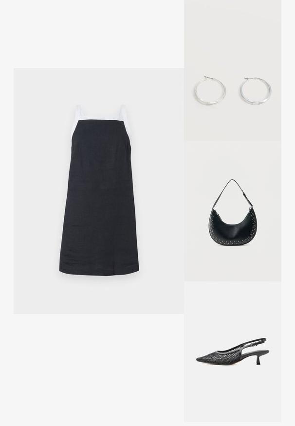 Robe sans manches, de longueur genou, en lin foncé. Présente des bretelles blanches et un design simple. Texture lisse et coupe droite.; Chaussure noire à bride slingback en maille, bout pointu, talon kitten et boucle de sangle ajustable à la cheville sur fond blanc.; Sac bandoulière croissant en cuir noir avec des clous argentés le long des bords et une sangle ajustable sur fond blanc.; Boucles d’oreilles créoles en métal argenté avec une surface lisse légèrement incurvée et des fermoirs à clapet sur un fond blanc uni.